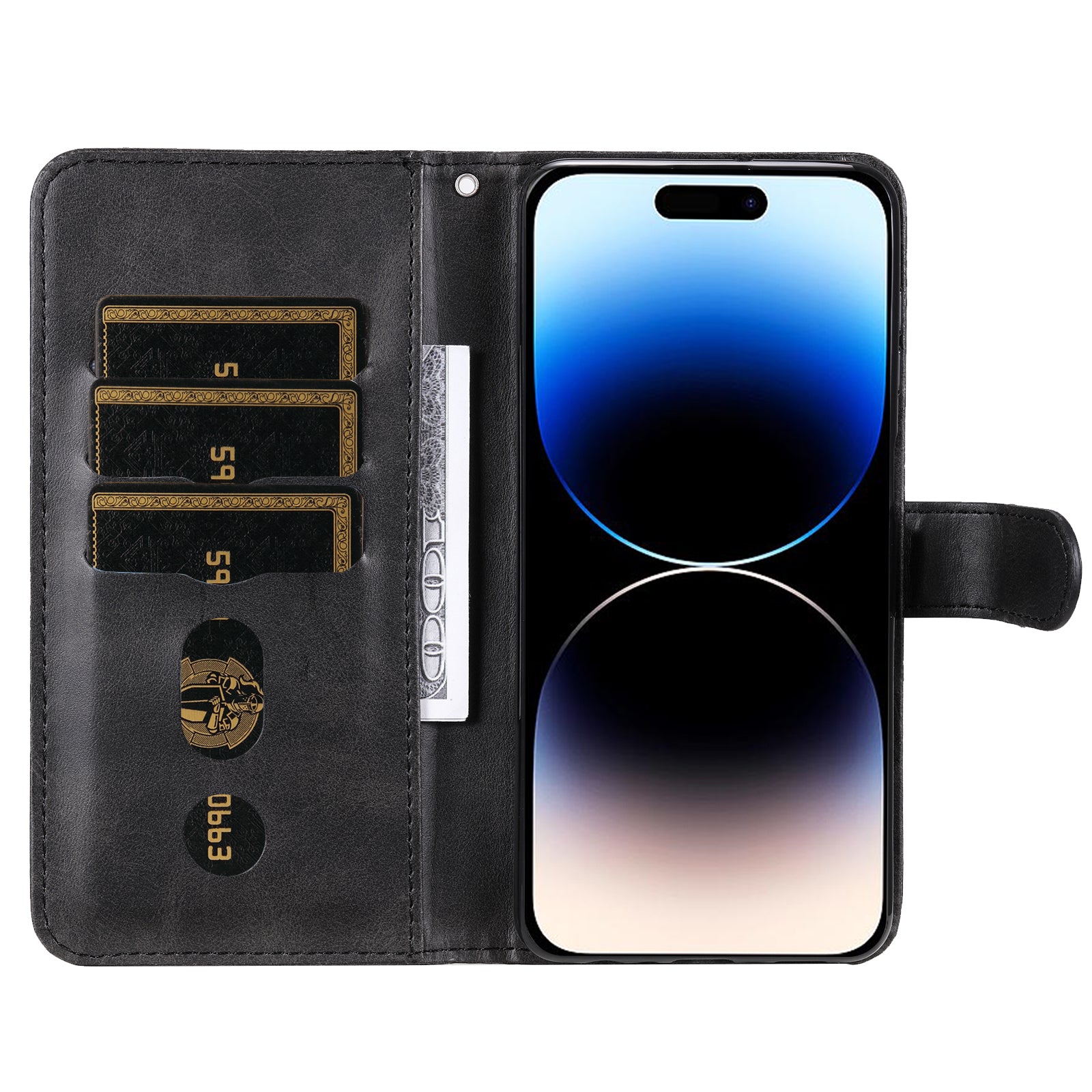 Uniqkart for iPhone 15 Pro Calf Texture Phone Case Zipper Pocket Wallet Foldable Stand Anti-Scratch Cell Phone Cover - Black Uniqkart for iPhone 15 Pro Calf Texture Phone Case Zipper Pocket Wallet Foldable Stand Anti-Scratch Cell Phone Cover - Black